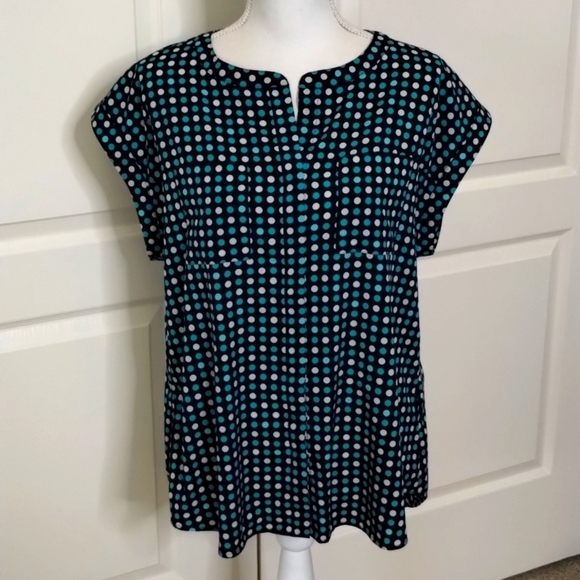 Van Heusen dark navy turquoise polka dot capped sleeve size large  blouse - Picture 1 of 13